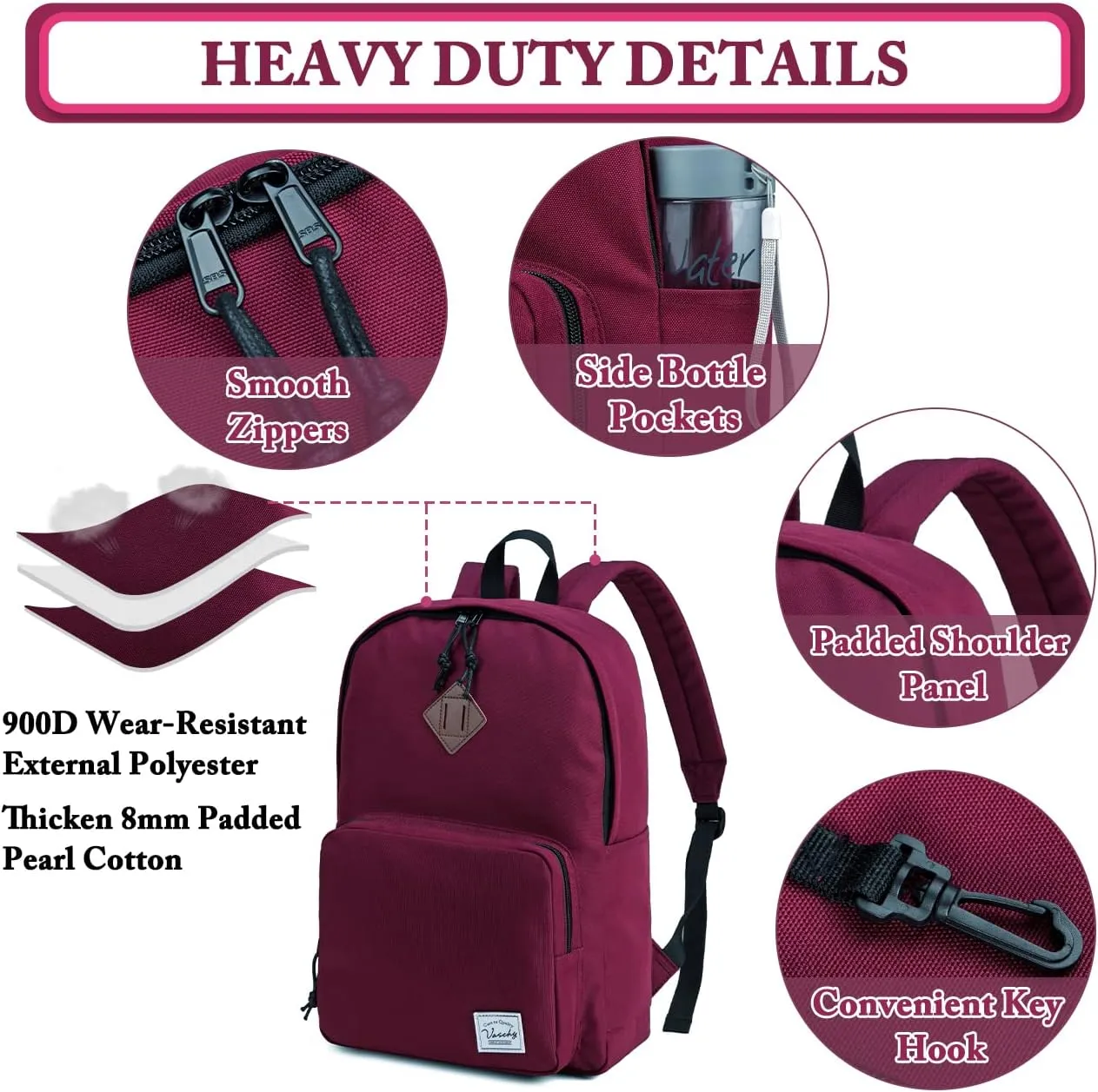 VASCHY School Backpack, Ultra Lightweight Backpack for Women Bookbag for Kids Teen Boys Girls Burgundy