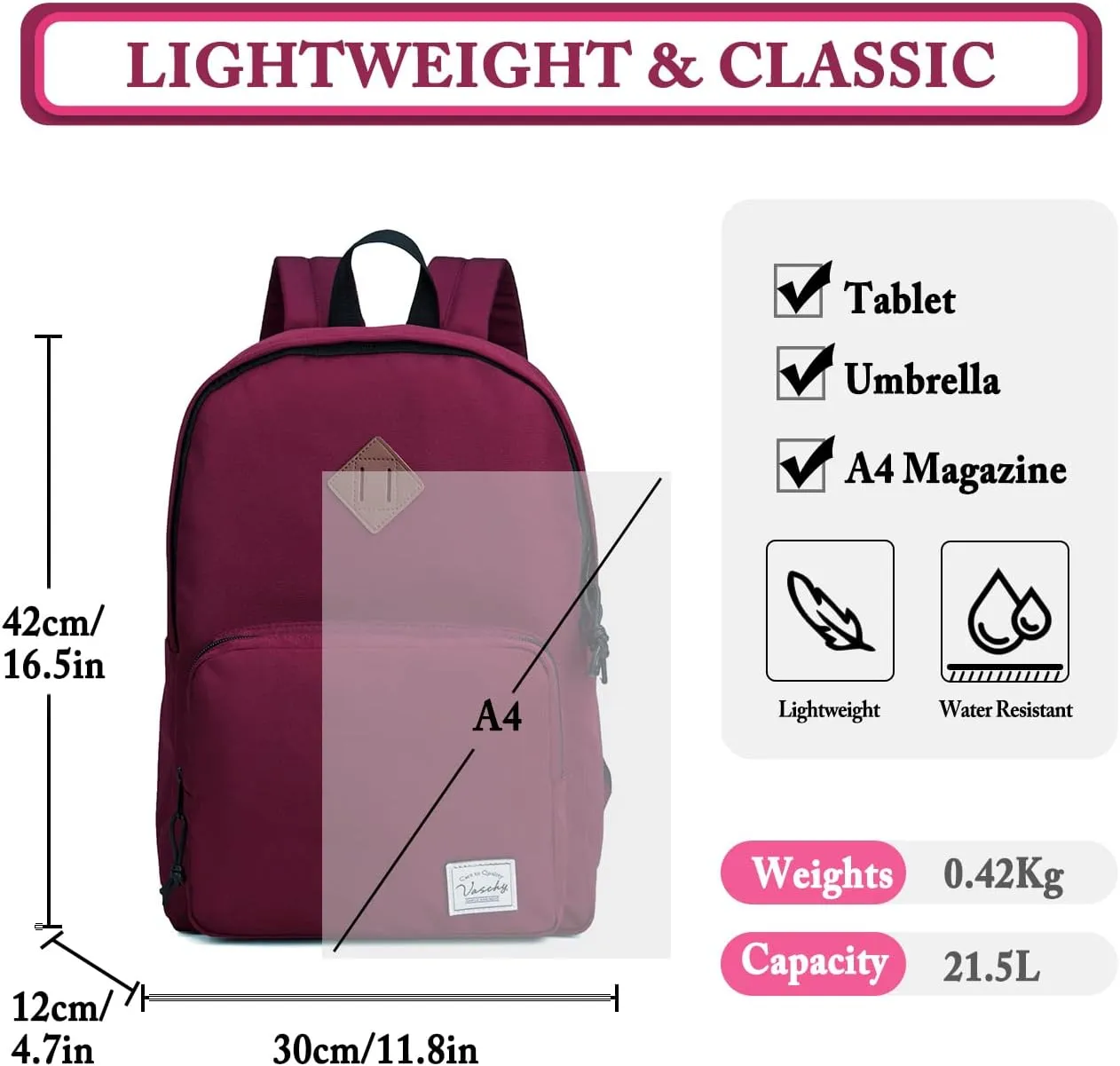 VASCHY School Backpack, Ultra Lightweight Backpack for Women Bookbag for Kids Teen Boys Girls Burgundy