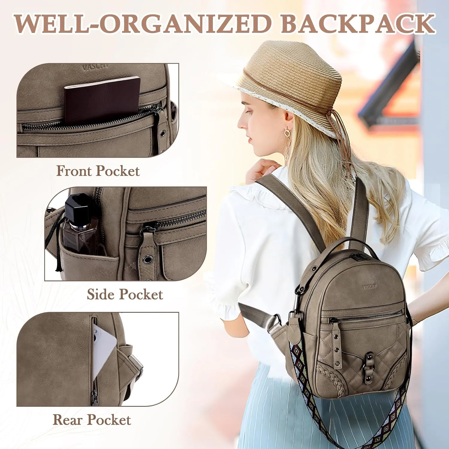 VASCHY Small Backpack Purse for Women, Cute Vegen Leather Mini Backpack for Lady with Guitar Shoulder Bag Handbag Strap Khaki
