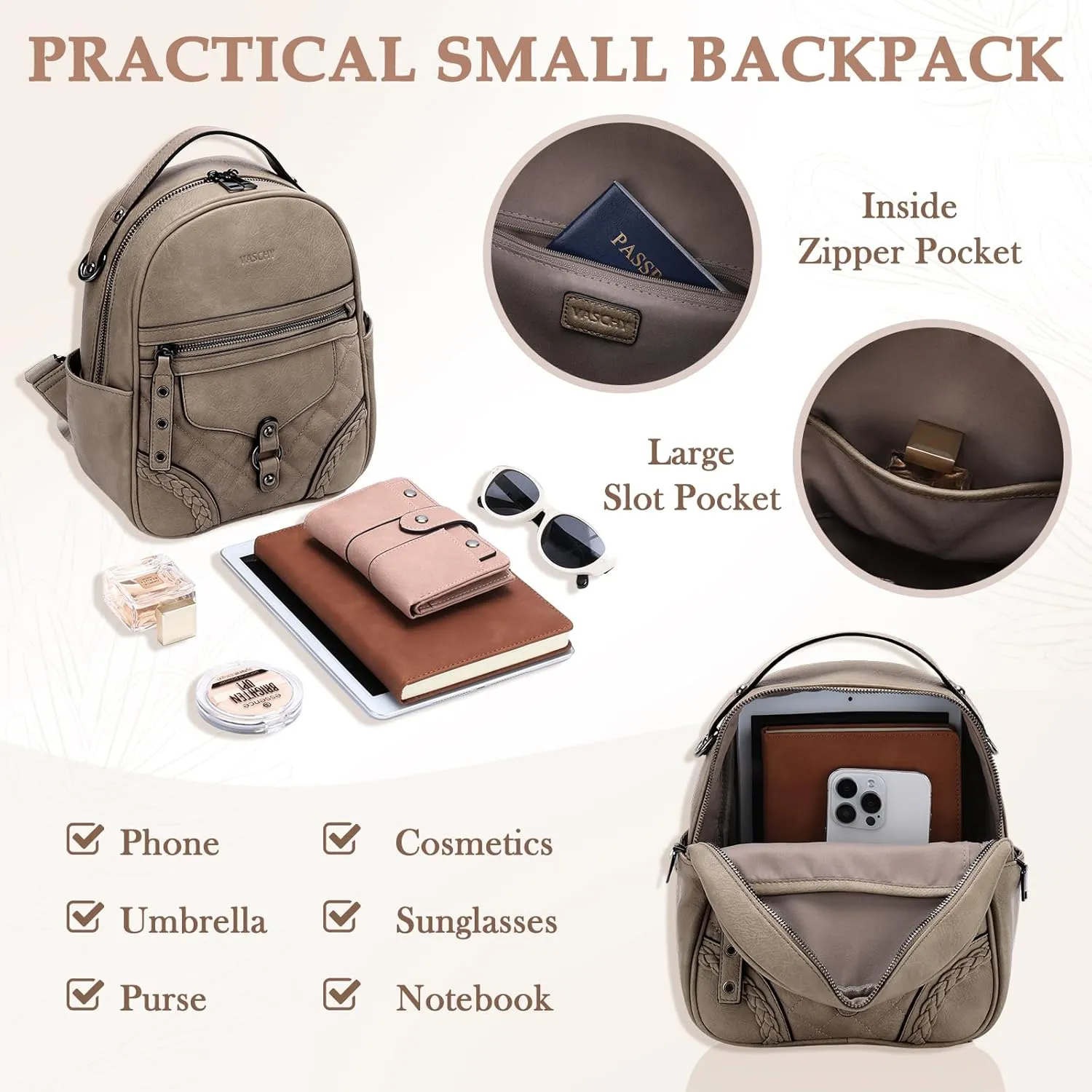 VASCHY Small Backpack Purse for Women, Cute Vegen Leather Mini Backpack for Lady with Guitar Shoulder Bag Handbag Strap Khaki