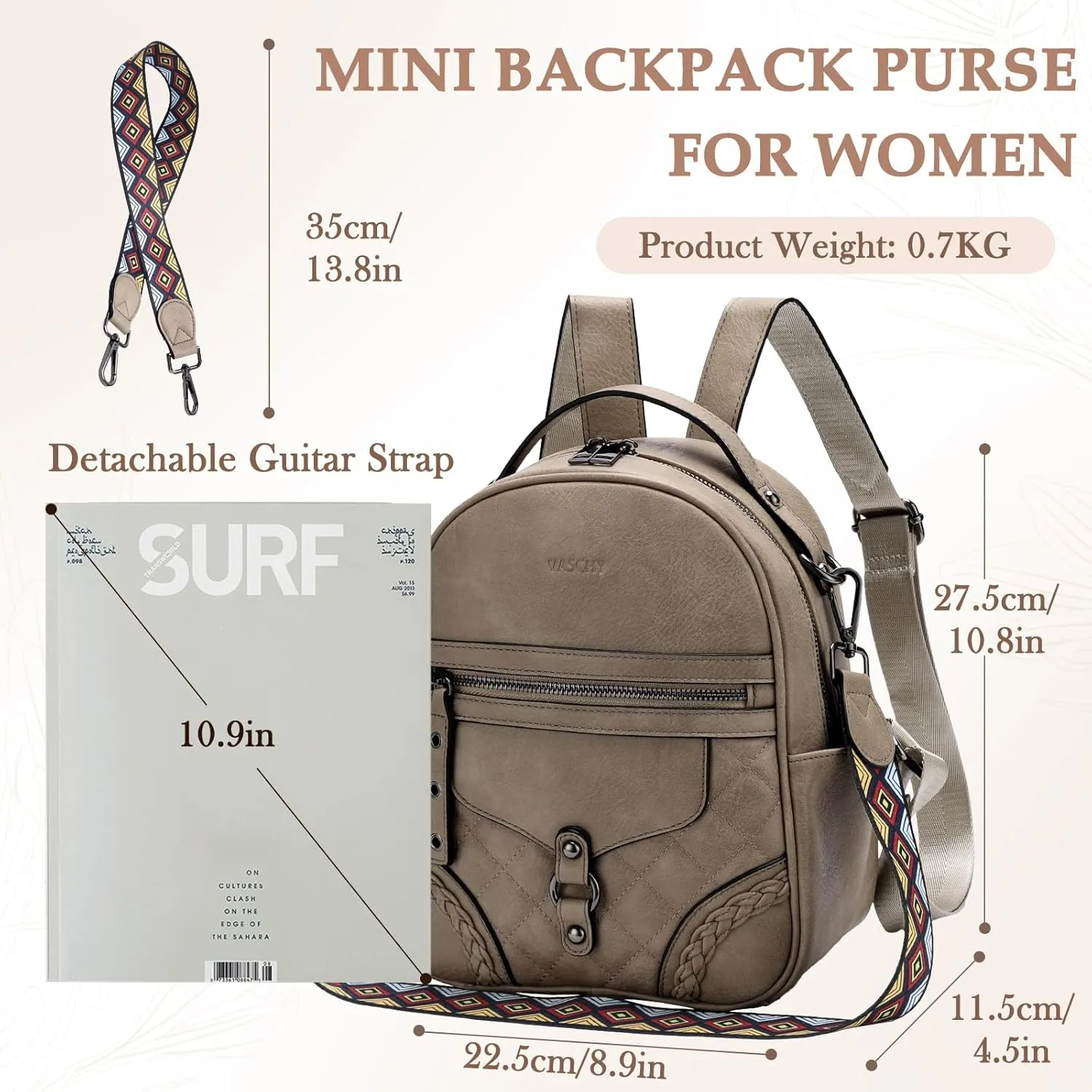 VASCHY Small Backpack Purse for Women, Cute Vegen Leather Mini Backpack for Lady with Guitar Shoulder Bag Handbag Strap Khaki