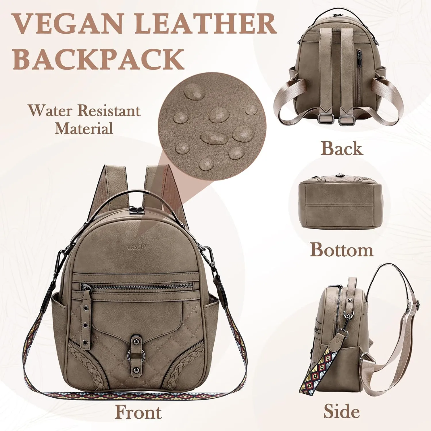 VASCHY Small Backpack Purse for Women, Cute Vegen Leather Mini Backpack for Lady with Guitar Shoulder Bag Handbag Strap Khaki