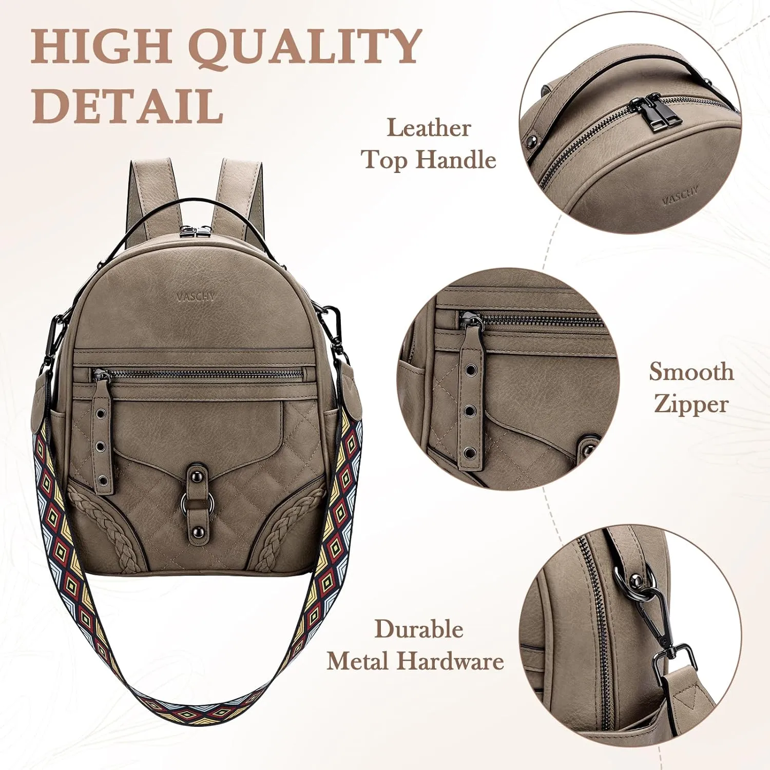 VASCHY Small Backpack Purse for Women, Cute Vegen Leather Mini Backpack for Lady with Guitar Shoulder Bag Handbag Strap Khaki