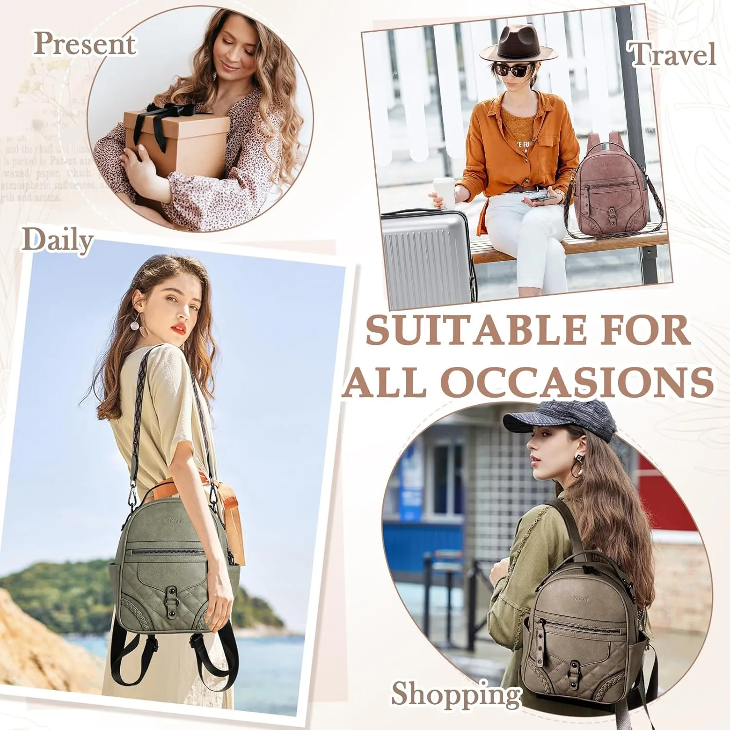 VASCHY Small Backpack Purse for Women, Cute Vegen Leather Mini Backpack for Lady with Guitar Shoulder Bag Handbag Strap Khaki