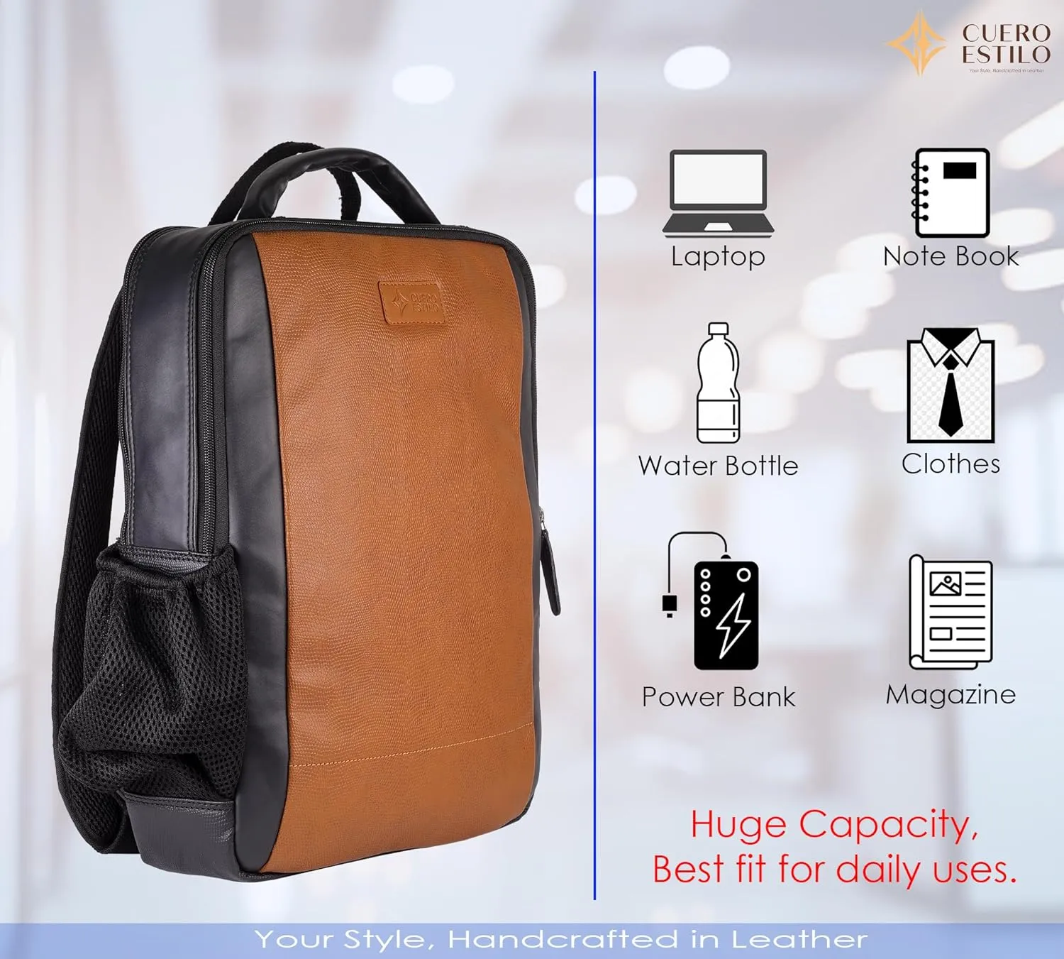 Vegan Leather Laptop Backpack - Eco-Friendly, Stylish 12L Backpack with Laptop Sleeve & Trolley Strap - Durable, Lightweight for Work & Travel.