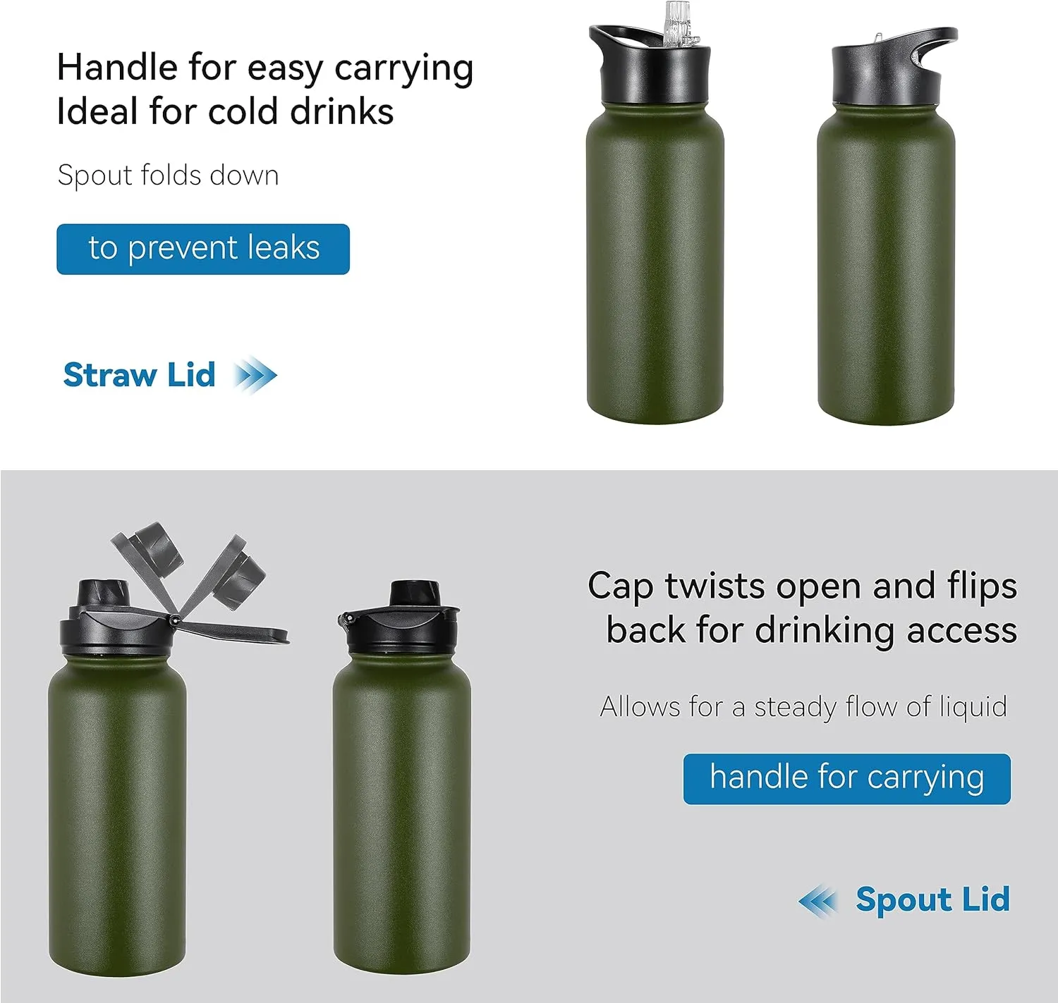 VEGOND 32 oz Insulated Water Bottle Stainless Steel Metal Water Bottles with Leak Proof Straw Lid & Spout Lid, Wide Mouth Double Walled Vacuum Travel Sports Bottle, Army Green