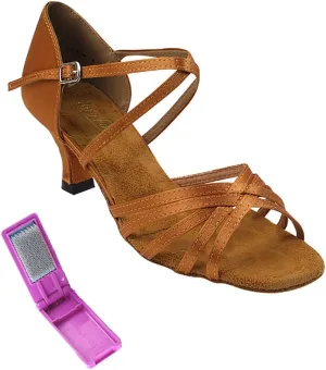 Very Fine Dance Shoes - Ladies Latin, Rhythm, Salsa Ballroom Dance Shoes - 1613-2.5-inch Heel and Foldable Brush Bundle - Brown Satin - 6