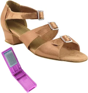 Very Fine Dance Shoes - Ladies Practice, Cuban Low Heel Ballroom Dance Shoes - 1679-1.5-inch Heel and Foldable Brush Bundle - Brown Satin - 7.5
