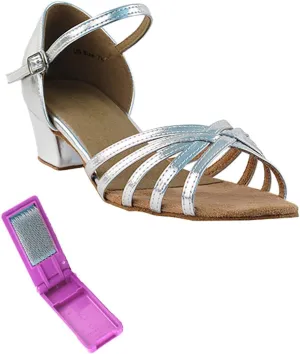 Very Fine Dance Shoes - Ladies Practice, Cuban Low Heel Ballroom Dance Shoes - 802-1.5-inch Heel and Foldable Brush Bundle - Silver Leather - 6