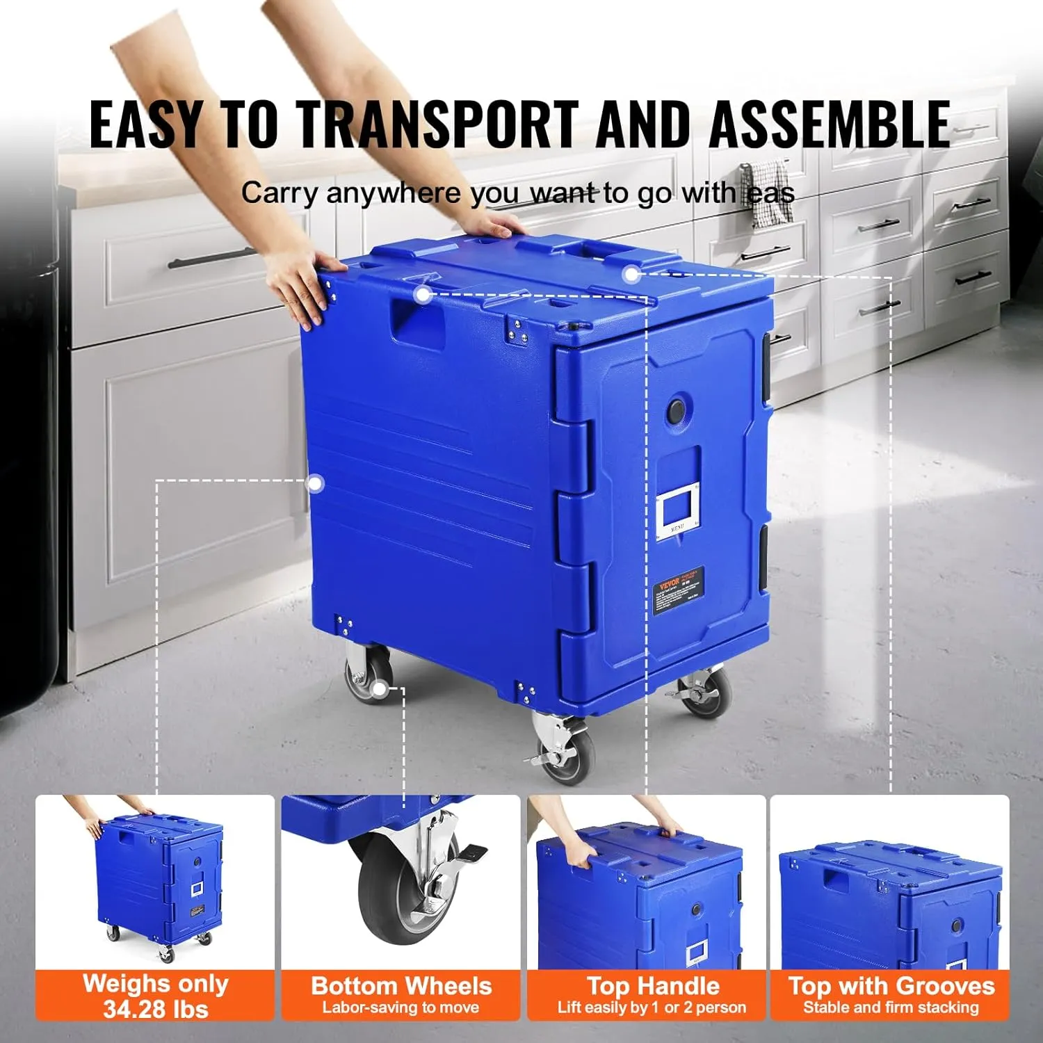 VEVOR Insulated Food Pan Carrier, 95 Qt Hot Box for Catering, LLDPE Food Box Carrier w/One-Piece Buckle, Front Loading Food Warmer w/Handles, End Loader w/Wheels for Restaurant, Canteen, etc. Blue