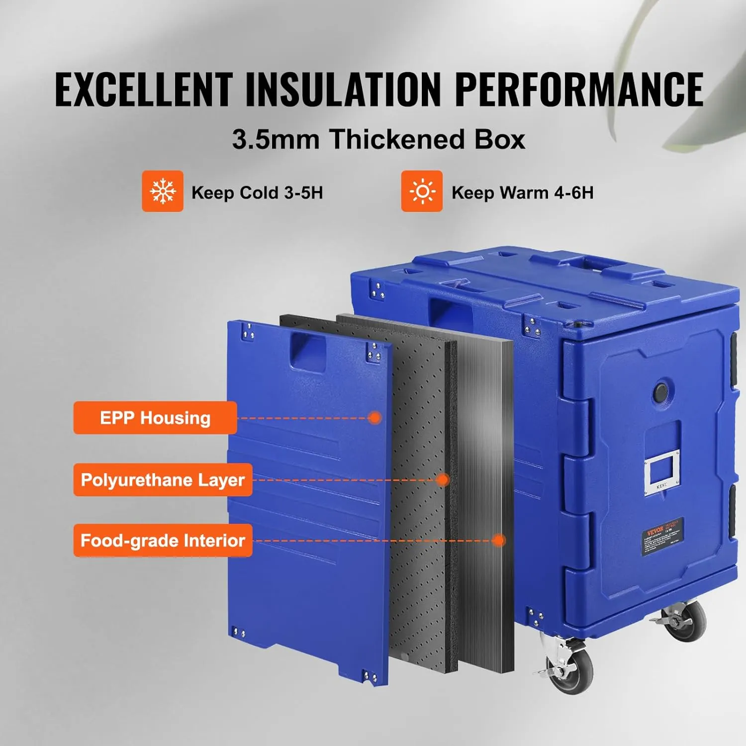 VEVOR Insulated Food Pan Carrier, 95 Qt Hot Box for Catering, LLDPE Food Box Carrier w/One-Piece Buckle, Front Loading Food Warmer w/Handles, End Loader w/Wheels for Restaurant, Canteen, etc. Blue