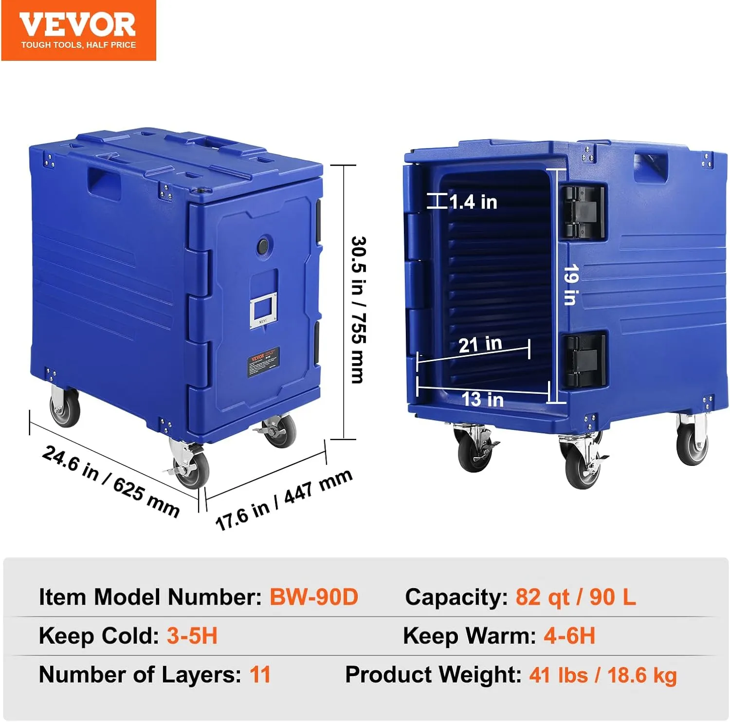VEVOR Insulated Food Pan Carrier, 95 Qt Hot Box for Catering, LLDPE Food Box Carrier w/One-Piece Buckle, Front Loading Food Warmer w/Handles, End Loader w/Wheels for Restaurant, Canteen, etc. Blue