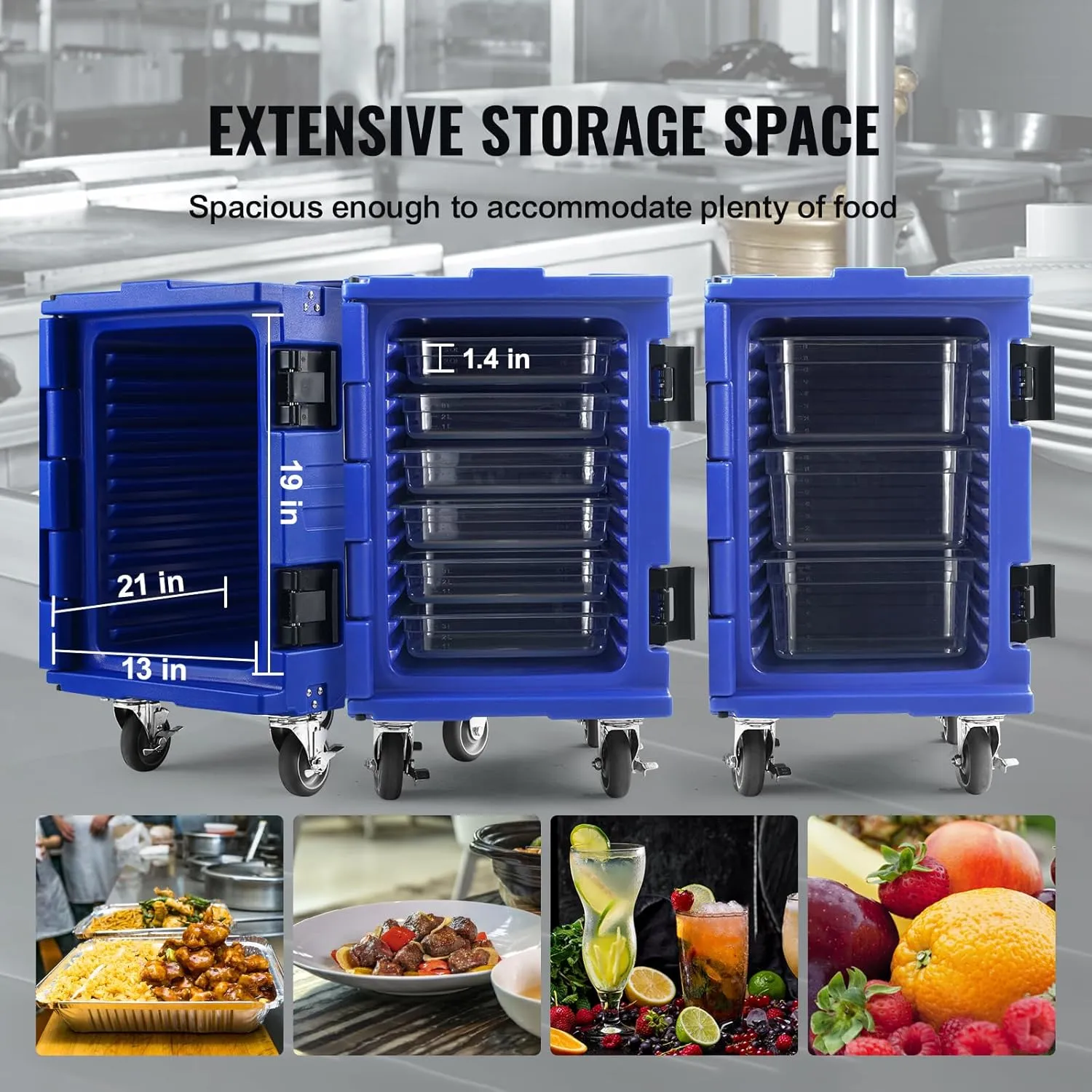VEVOR Insulated Food Pan Carrier, 95 Qt Hot Box for Catering, LLDPE Food Box Carrier w/One-Piece Buckle, Front Loading Food Warmer w/Handles, End Loader w/Wheels for Restaurant, Canteen, etc. Blue