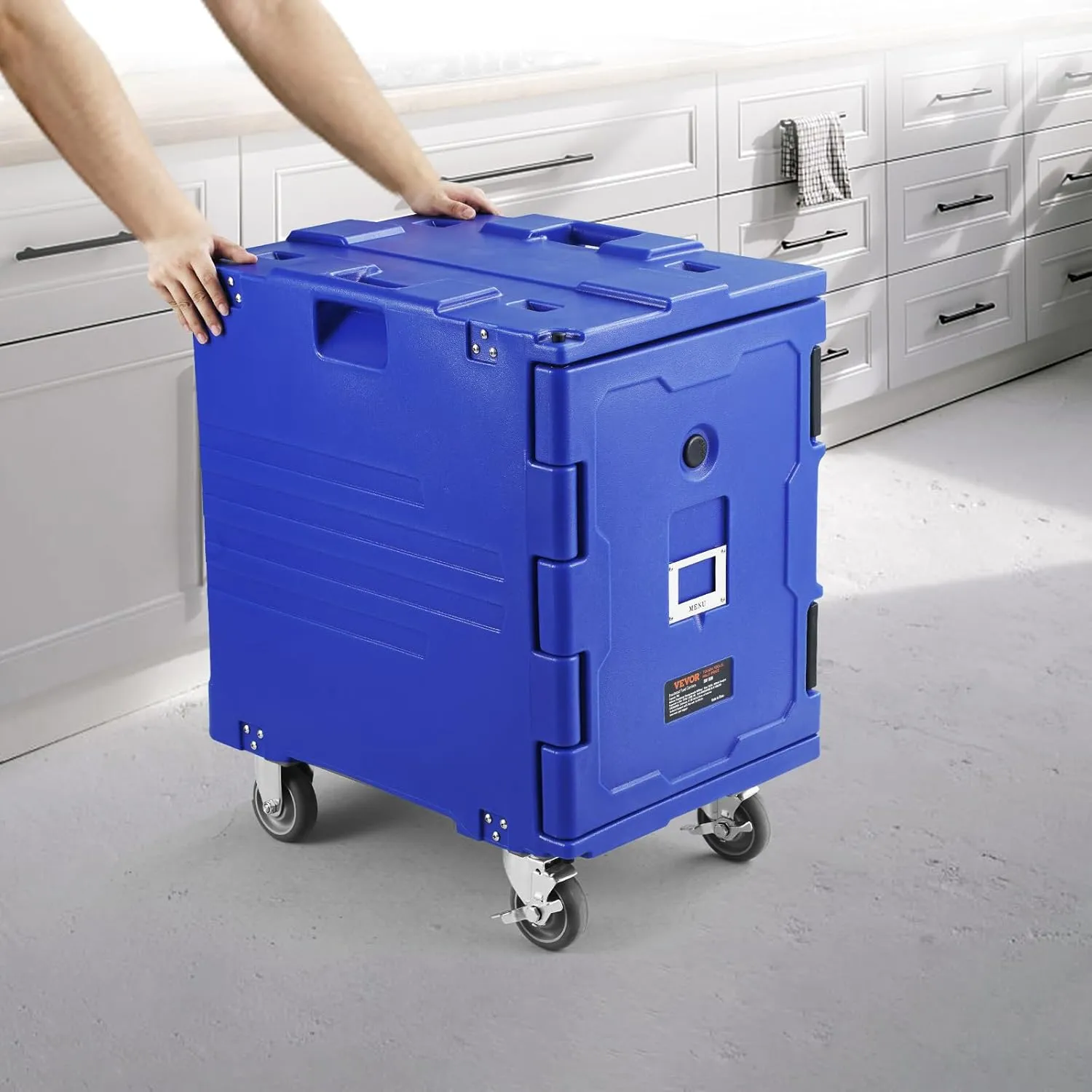 VEVOR Insulated Food Pan Carrier, 95 Qt Hot Box for Catering, LLDPE Food Box Carrier w/One-Piece Buckle, Front Loading Food Warmer w/Handles, End Loader w/Wheels for Restaurant, Canteen, etc. Blue