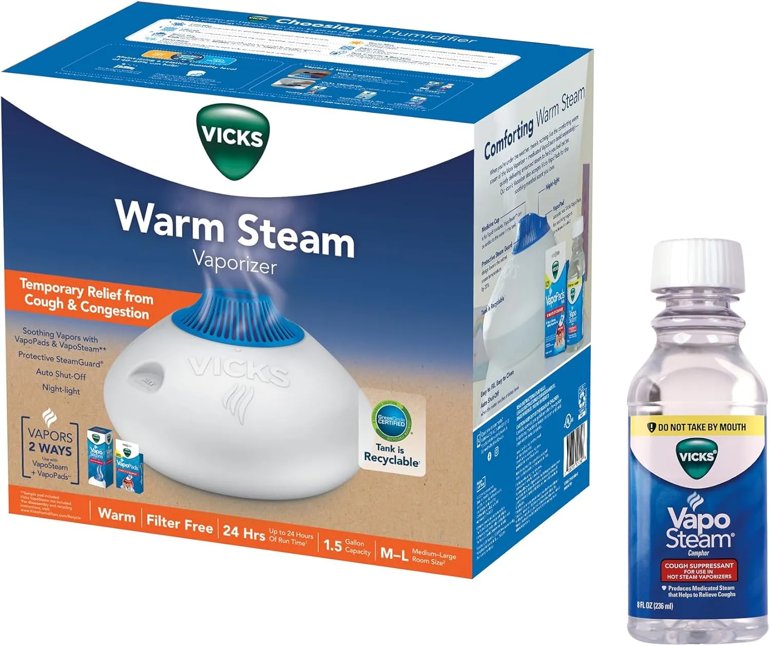 Vicks Warm Steam Vaporizer Bundle with 8 Oz VapoSteam Liquid Cough Suppressant, Helps Relieve Coughing, for Use in Vicks Vaporizers and Humidifiers