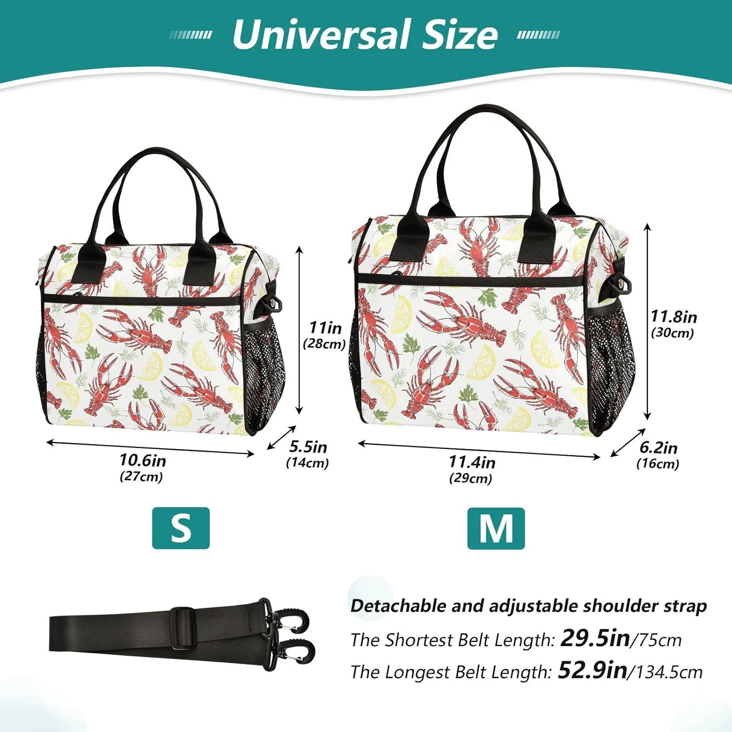 VIGTRO Crayfish Parsley Dill Lemon Slices Insulated Lunch Bag Leakproof Lunch Box for Women Men Reusable Lunch Tote Bag with Adjustable Shoulder Strap for Office Picnic Travel Size M