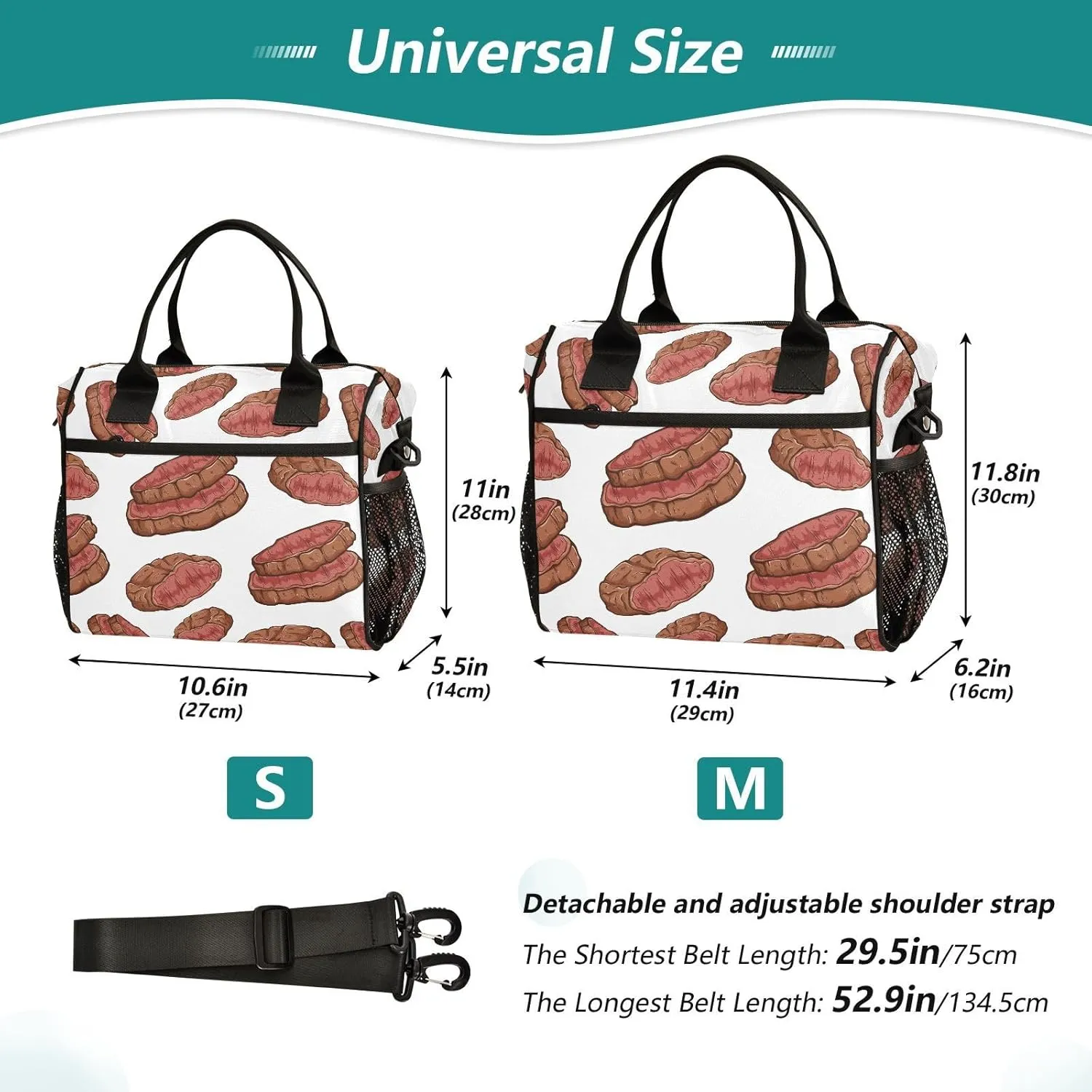 VIGTRO Delicious Beef Steak Insulated Lunch Bag Leakproof Lunch Box for Women Men Reusable Lunch Tote Bag with Adjustable Shoulder Strap for Office Picnic Travel Size S