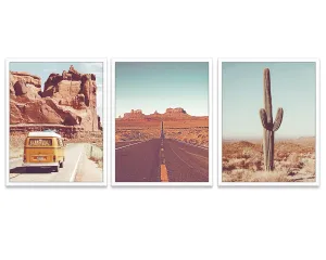 Vintage Desert Photography prints, Set of 3, UNFRAMED, Classic Van, Cactus, Route 66 Road Wall Art Decor Poster Sign, All Sizes