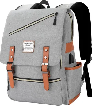 Vintage Laptop Backpack with USB Charging Port, Backpack for College Fits up to 15.6 Inch Laptop Computer Backpack Casual Rucksack for Men Women (Gray)