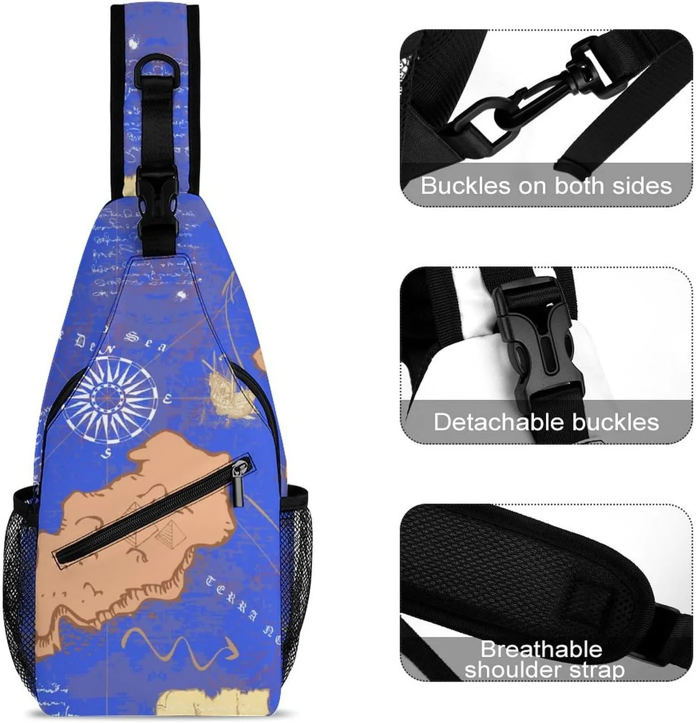 Vintage-nautical-map-style Crossbody Sling Backpack, Shoulder Bag Chest Bag for Travel Sport Running