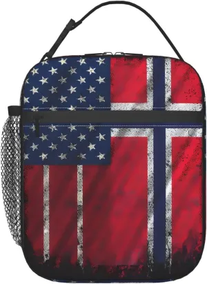 Vintage Norwegian Norway American Flag Lunch Box Insulated Lunch Bags Reusable Picnic Bag Meal Tote Bag Portable Bento Container with Detachable Handle Lunchbox for Gym Office Hiking
