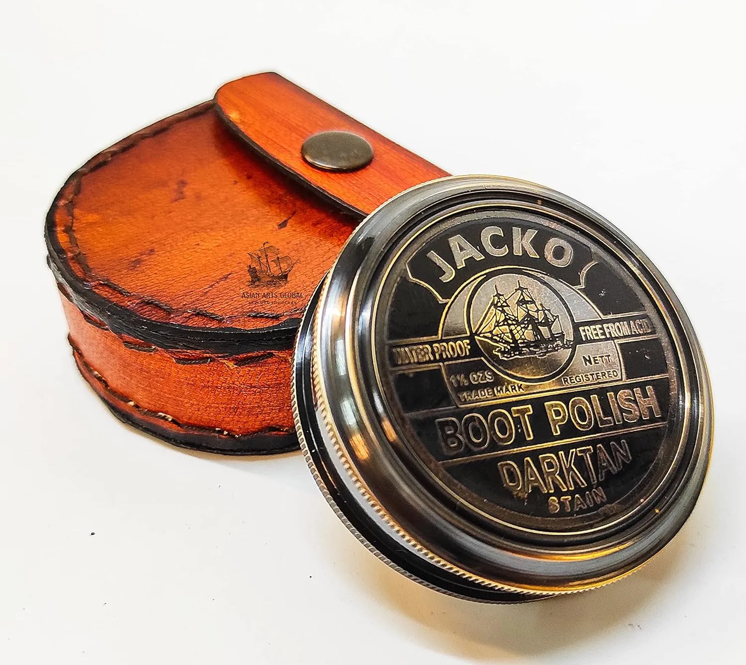 VINTORIA Jacko Boot Polish Brass Compass with Handmade Leather Case | Nautical Collectible, Antique Style Navigation Tool, Ideal Gift for Adventurers & Elegant Home Décor