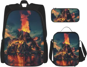 Volcano Print Pocket Backpack,Pencil Case And Lunch Bag Set For Men And Women,Large Capacity