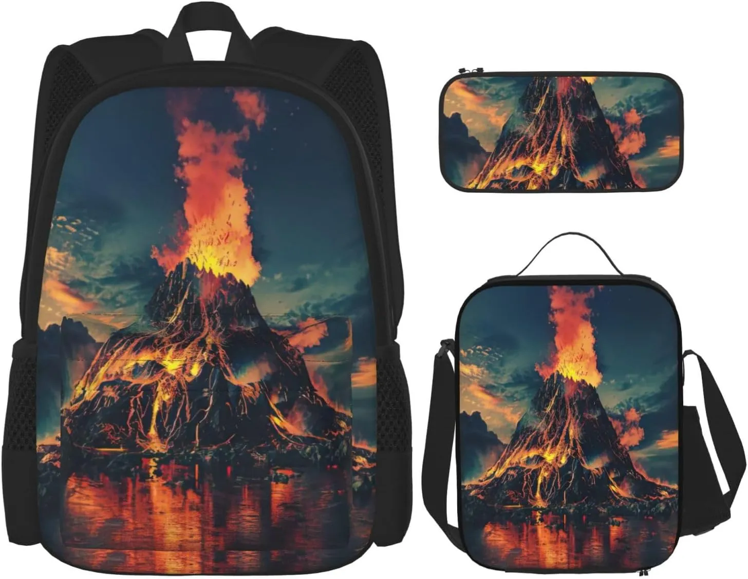 Volcano Print Pocket Backpack,Pencil Case And Lunch Bag Set For Men And Women,Large Capacity