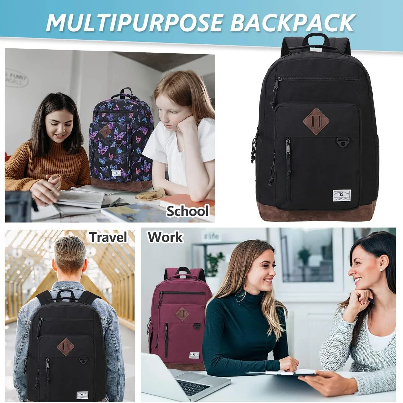 VX VONXURY Backpack for Men Women,Large 17 Inch Bookbag with Mulitiple Pockets,Classical Water Resistant Travel Backpack