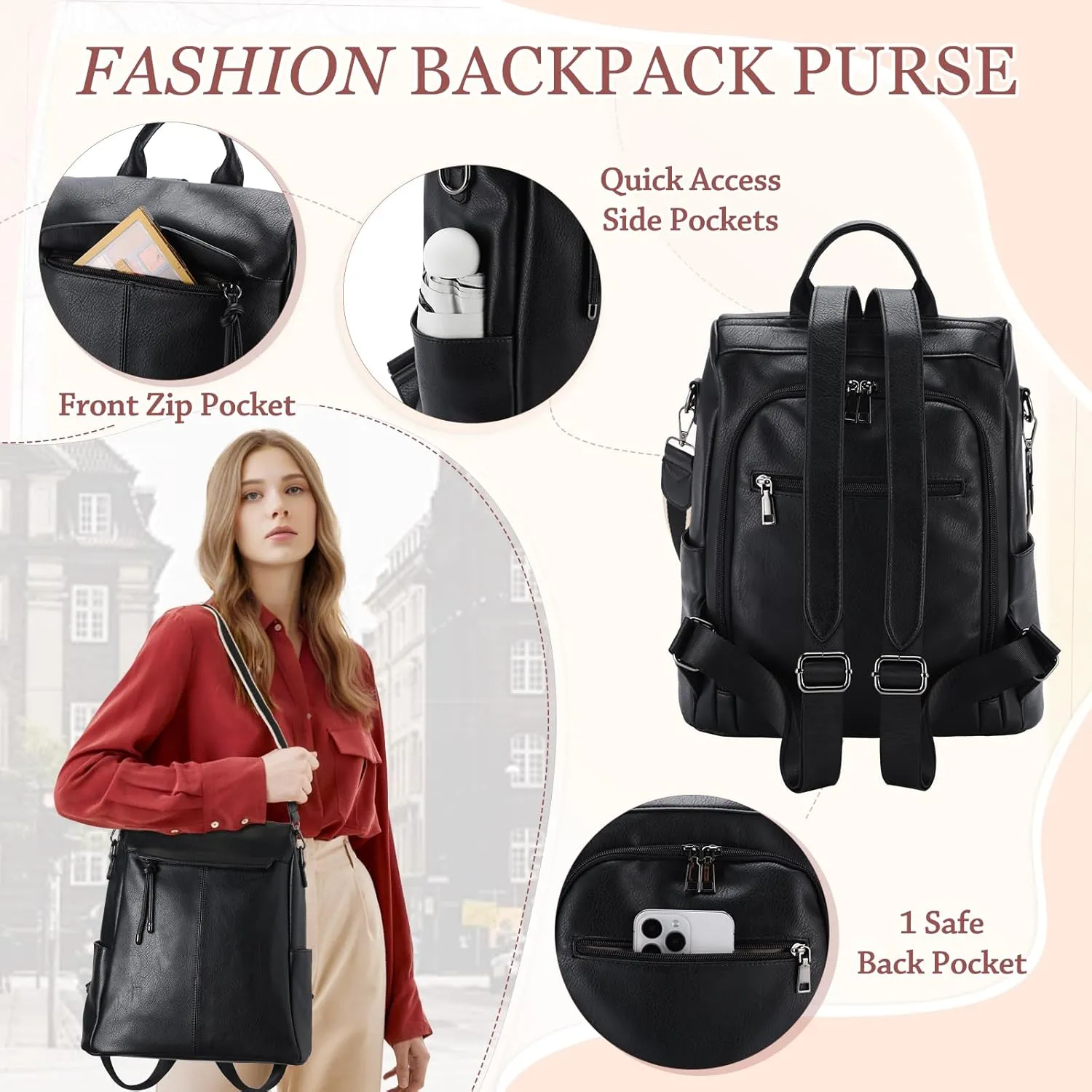 VX VONXURY Backpack Purse for Women Faux Leather Anti-Theft Backpack With Detachable Shoulder Strap Fashion Women Handbag For Daily Work Travel