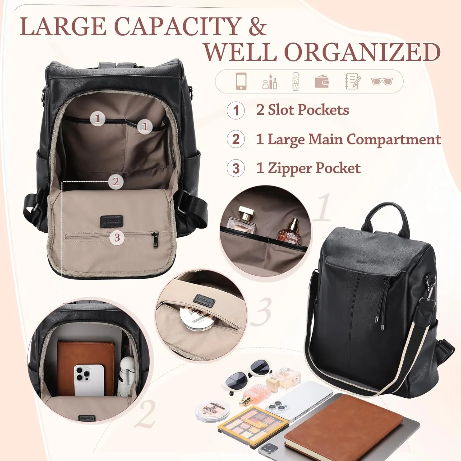 VX VONXURY Backpack Purse for Women Faux Leather Anti-Theft Backpack With Detachable Shoulder Strap Fashion Women Handbag For Daily Work Travel