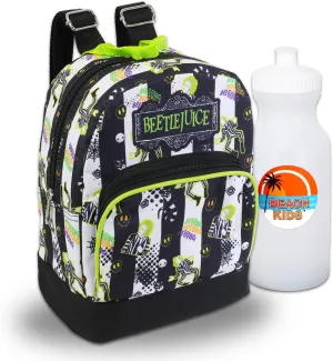WARNER BROS PICTURES Beetlejuice Mini Backpack Bundle - 10” Canvas Beetlejuice Backpack with Front Pocket and Bottle | Beetlejuice Backpack Purse Set for Girls