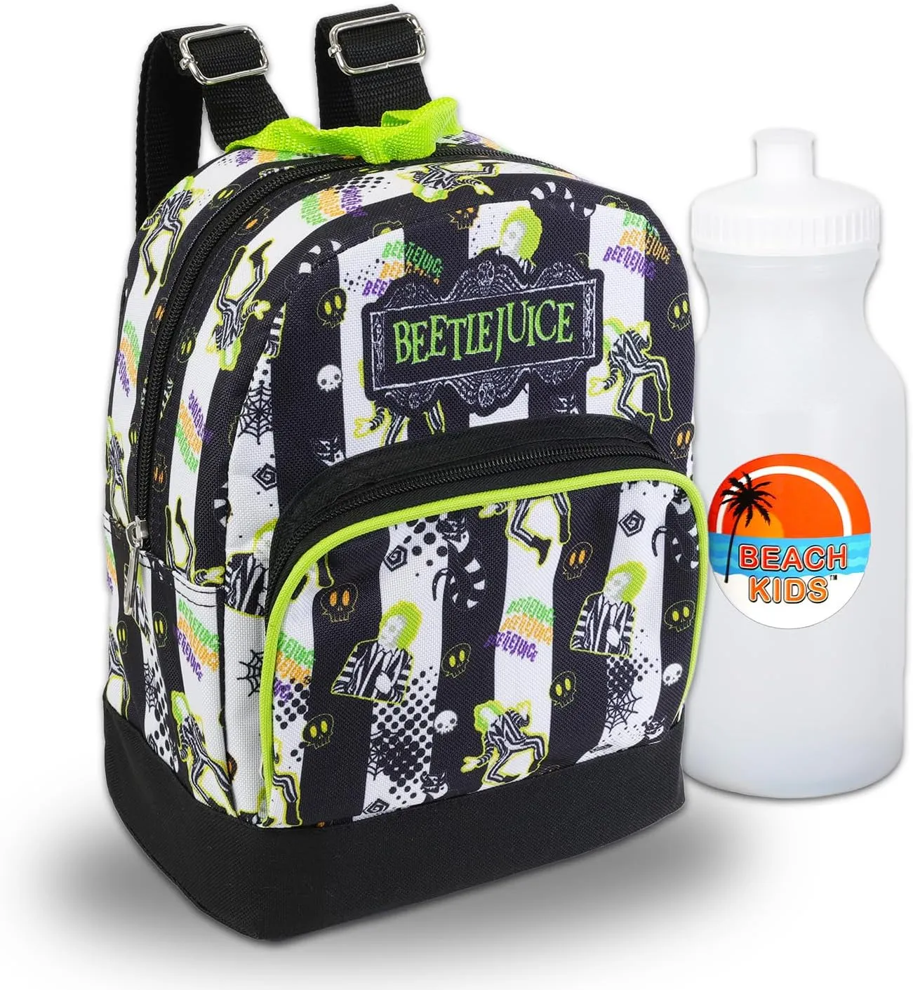 WARNER BROS PICTURES Beetlejuice Mini Backpack Bundle - 10” Canvas Beetlejuice Backpack with Front Pocket and Bottle | Beetlejuice Backpack Purse Set for Girls