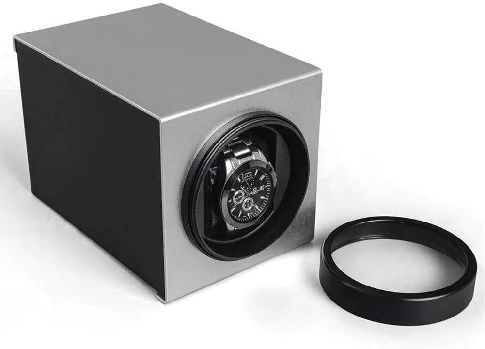 Watch Winder Box Automatic Watch Winder Box Watch Winder for 1 Watch Alloy Display Deluxe Silent Motor Antimagnetic Wood Box 2 Power Supply Mode-18.5×11.2×11.4CM(Silver)