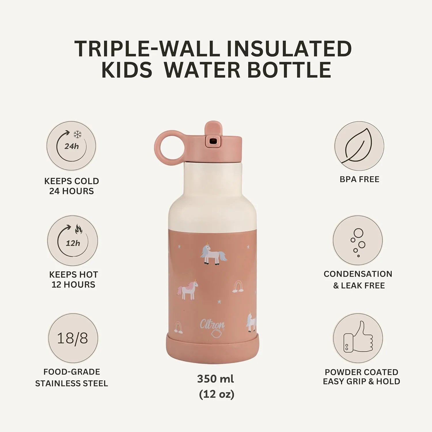 Water Bottle Stainless Steel - 350ml - Vacuum-insulated with a triple wall to maintain drinks at temperature - Liquids stay warm for 12hr and cold for 24hr