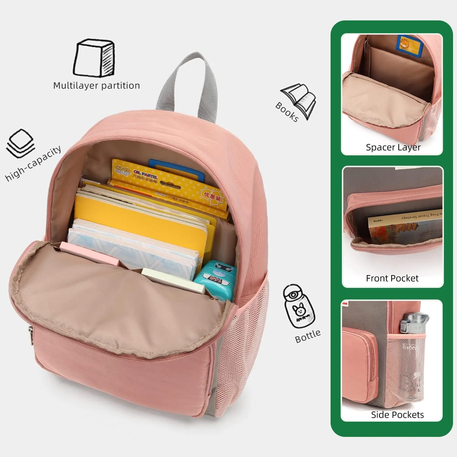 Waterproof Backpack for School Kids Backpack Bookbag Girls Boys Lightweight Travel Bag (Pink)