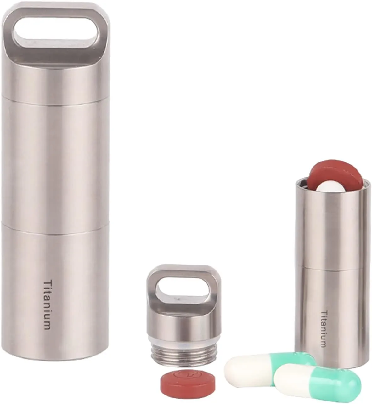 Waterproof Pill Holder Necklace, Secret Pill Container Keychain, Titanium Pill Bottle with 2 Compartment, Light Proof Pill Case, Lightweight Travel Pill Organizer for Pocket Purse Handbag