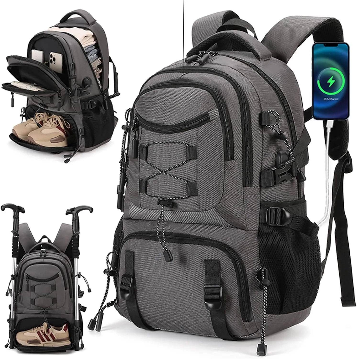 Waterproof Travel Laptop Backpack for Men & Women Anti-Theft Hiking Backpack with Shoe Compartment, Fits 16" Laptop,Gray