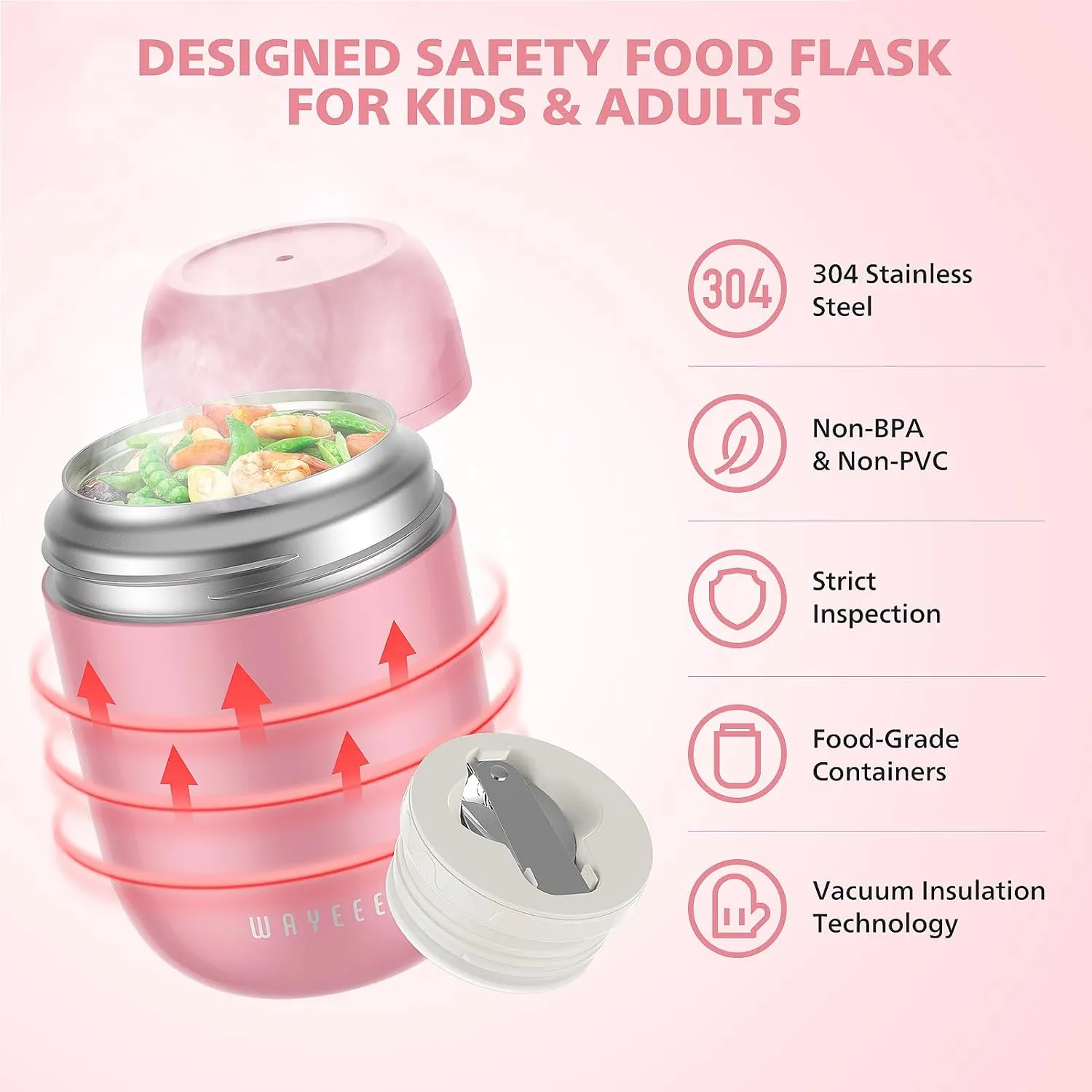 WayEee Insulated Food Jar, Vacuum Bento Box Lunch Containers 16 oz for Kids Adults, Airtight Stainless Steel Soup Containers with Spoon, for School, Travel, Picnic - Pink
