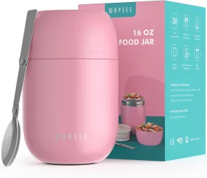 WayEee Insulated Food Jar, Vacuum Bento Box Lunch Containers 16 oz for Kids Adults, Airtight Stainless Steel Soup Containers with Spoon, for School, Travel, Picnic - Pink