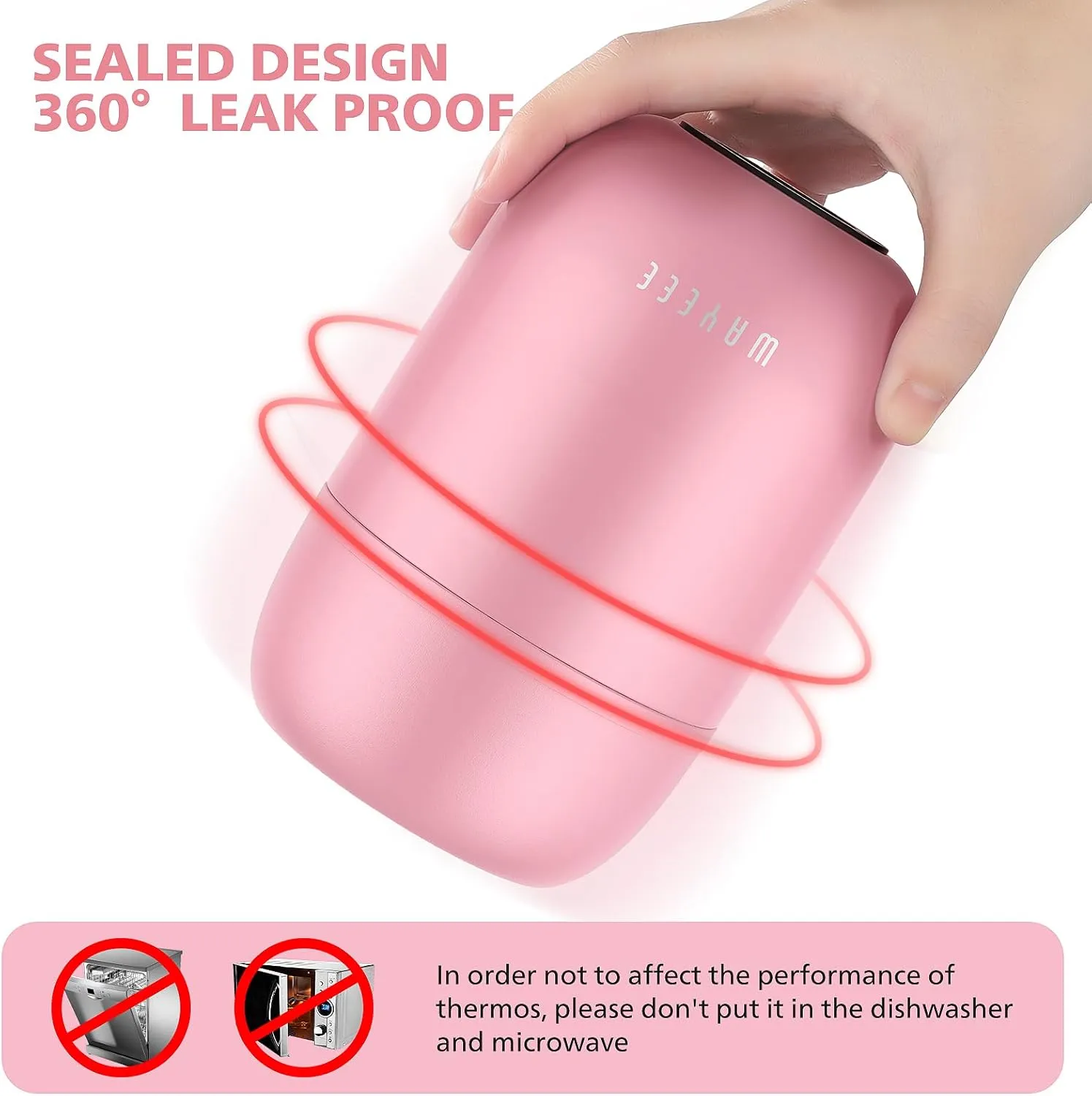 WayEee Insulated Food Jar, Vacuum Bento Box Lunch Containers 16 oz for Kids Adults, Airtight Stainless Steel Soup Containers with Spoon, for School, Travel, Picnic - Pink