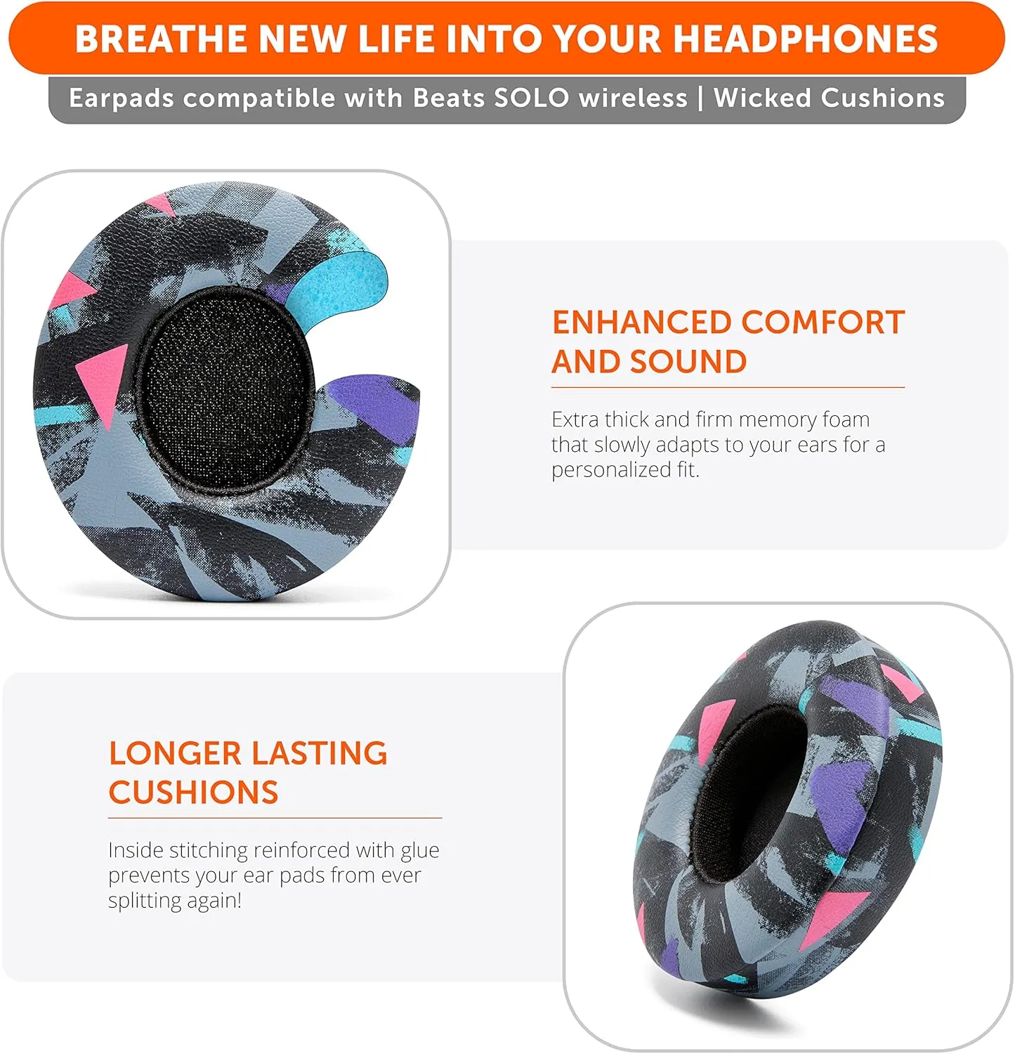 WC Extra Thick Replacement Earpads for Beats Solo 2 & 3 by Wicked Cushions - Ear Pads for Beats Solo 2 & 3 Wireless ON-Ear Headphones - Soft Leather, Luxury Memory Foam, Strong Adhesive | 90's Black