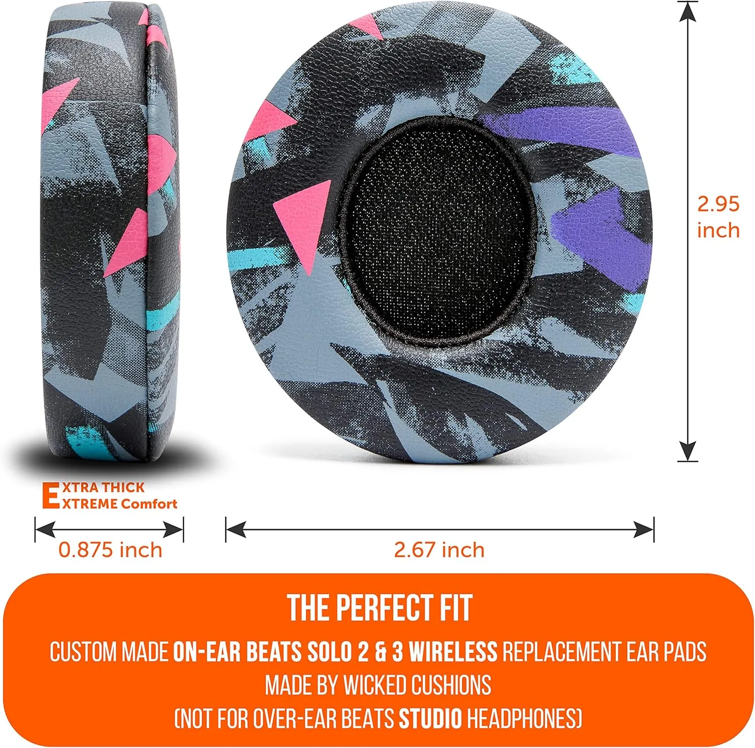 WC Extra Thick Replacement Earpads for Beats Solo 2 & 3 by Wicked Cushions - Ear Pads for Beats Solo 2 & 3 Wireless ON-Ear Headphones - Soft Leather, Luxury Memory Foam, Strong Adhesive | 90's Black