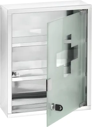 WENKO Medicine Cabinets with Lock, Wall Mounted Over The Toilet Storage Shelves, First Aid Bathroom Wall Cabinet with Safety Glass Door, Medium, 11.8 x 15.7 x 4.7 in, Silver Shiny