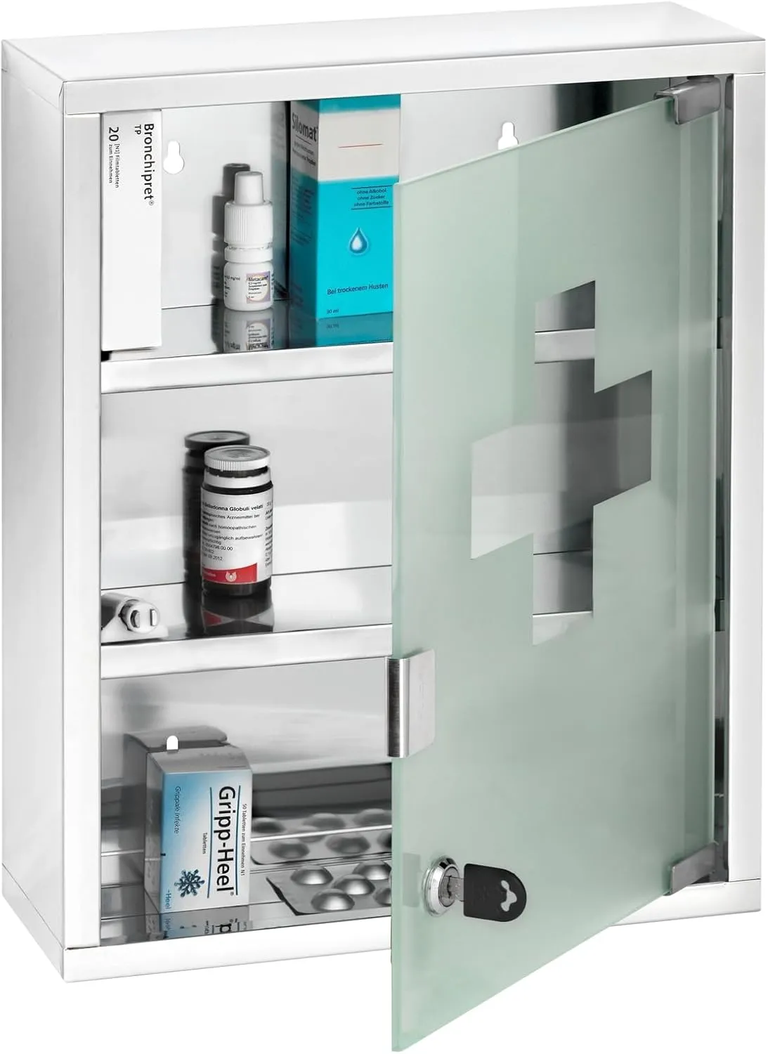 WENKO Medicine Cabinets with Lock, Wall Mounted Over The Toilet Storage Shelves, First Aid Bathroom Wall Cabinet with Safety Glass Door, Medium, 11.8 x 15.7 x 4.7 in, Silver Shiny