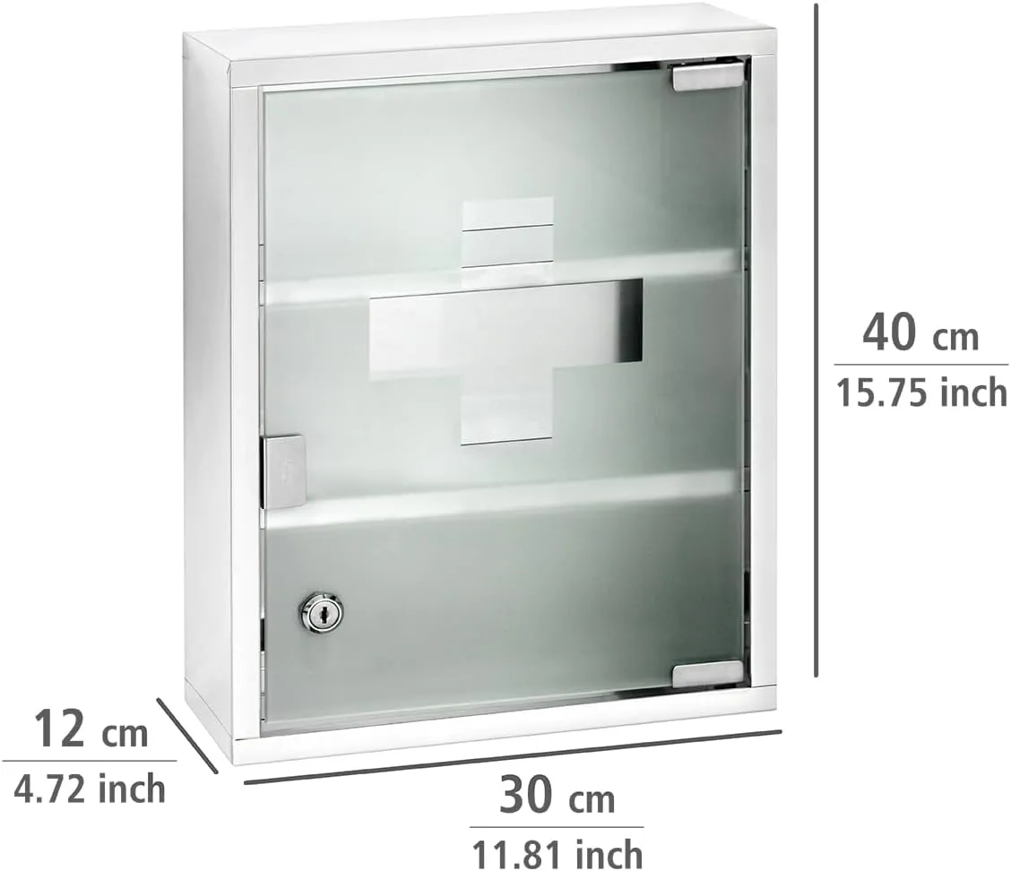 WENKO Medicine Cabinets with Lock, Wall Mounted Over The Toilet Storage Shelves, First Aid Bathroom Wall Cabinet with Safety Glass Door, Medium, 11.8 x 15.7 x 4.7 in, Silver Shiny