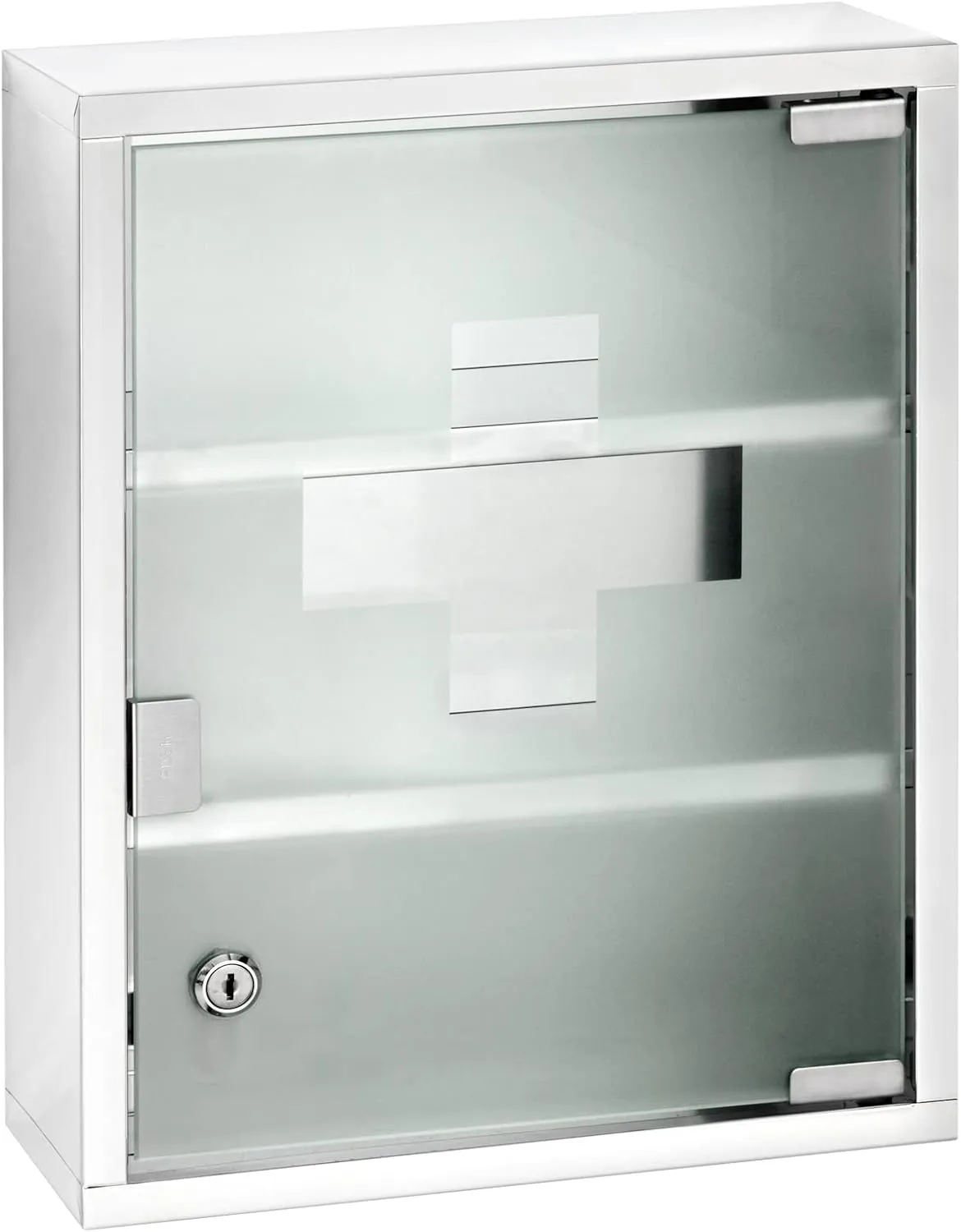 WENKO Medicine Cabinets with Lock, Wall Mounted Over The Toilet Storage Shelves, First Aid Bathroom Wall Cabinet with Safety Glass Door, Medium, 11.8 x 15.7 x 4.7 in, Silver Shiny