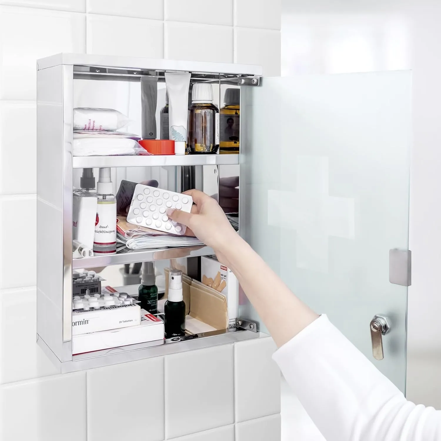 WENKO Medicine Cabinets with Lock, Wall Mounted Over The Toilet Storage Shelves, First Aid Bathroom Wall Cabinet with Safety Glass Door, Medium, 11.8 x 15.7 x 4.7 in, Silver Shiny