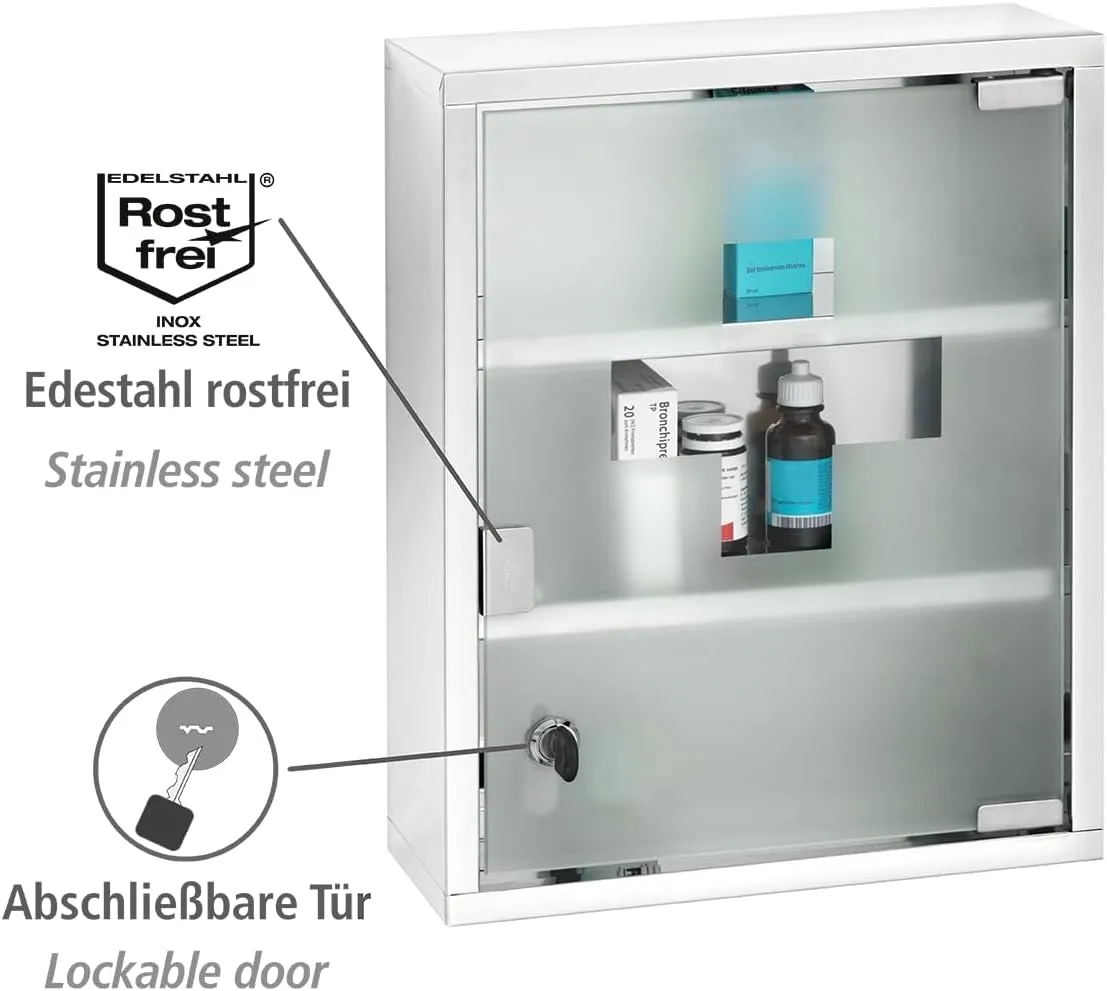 WENKO Medicine Cabinets with Lock, Wall Mounted Over The Toilet Storage Shelves, First Aid Bathroom Wall Cabinet with Safety Glass Door, Medium, 11.8 x 15.7 x 4.7 in, Silver Shiny