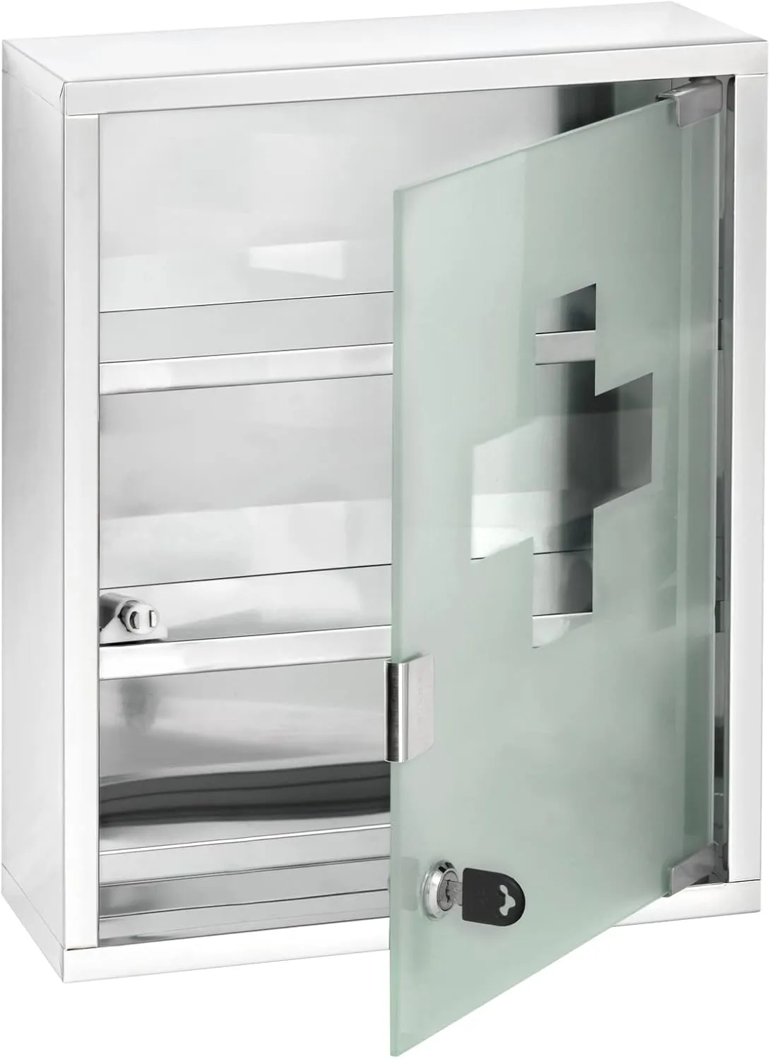 WENKO Medicine Cabinets with Lock, Wall Mounted Over The Toilet Storage Shelves, First Aid Bathroom Wall Cabinet with Safety Glass Door, Medium, 11.8 x 15.7 x 4.7 in, Silver Shiny